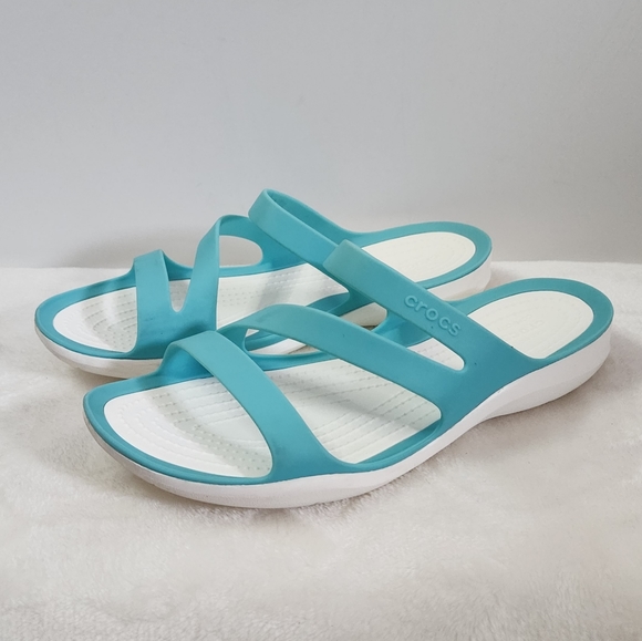 CROCS Shoes - Crocs Swiftwater Teal Tourquise White Slides Sandals Size 8